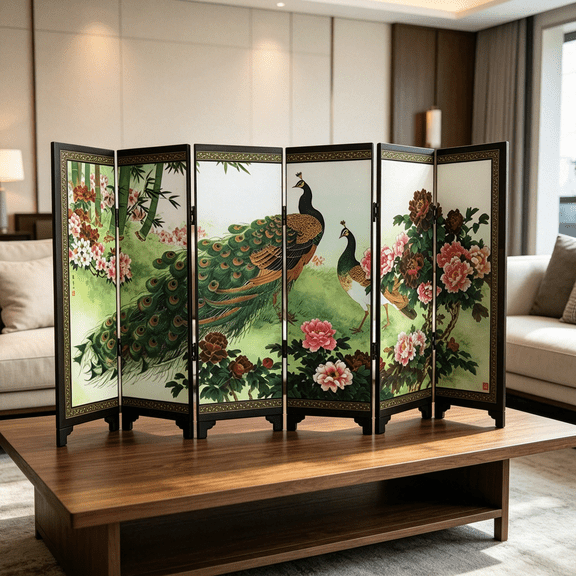 XIBUFE 2026 New Wooden 6-Panel Peacock Screen Room Divider Folding Partition Desktop Decor Black,For Living Room,Bedroom,Office,Privacy Partition,Home Decor,Small Spaces