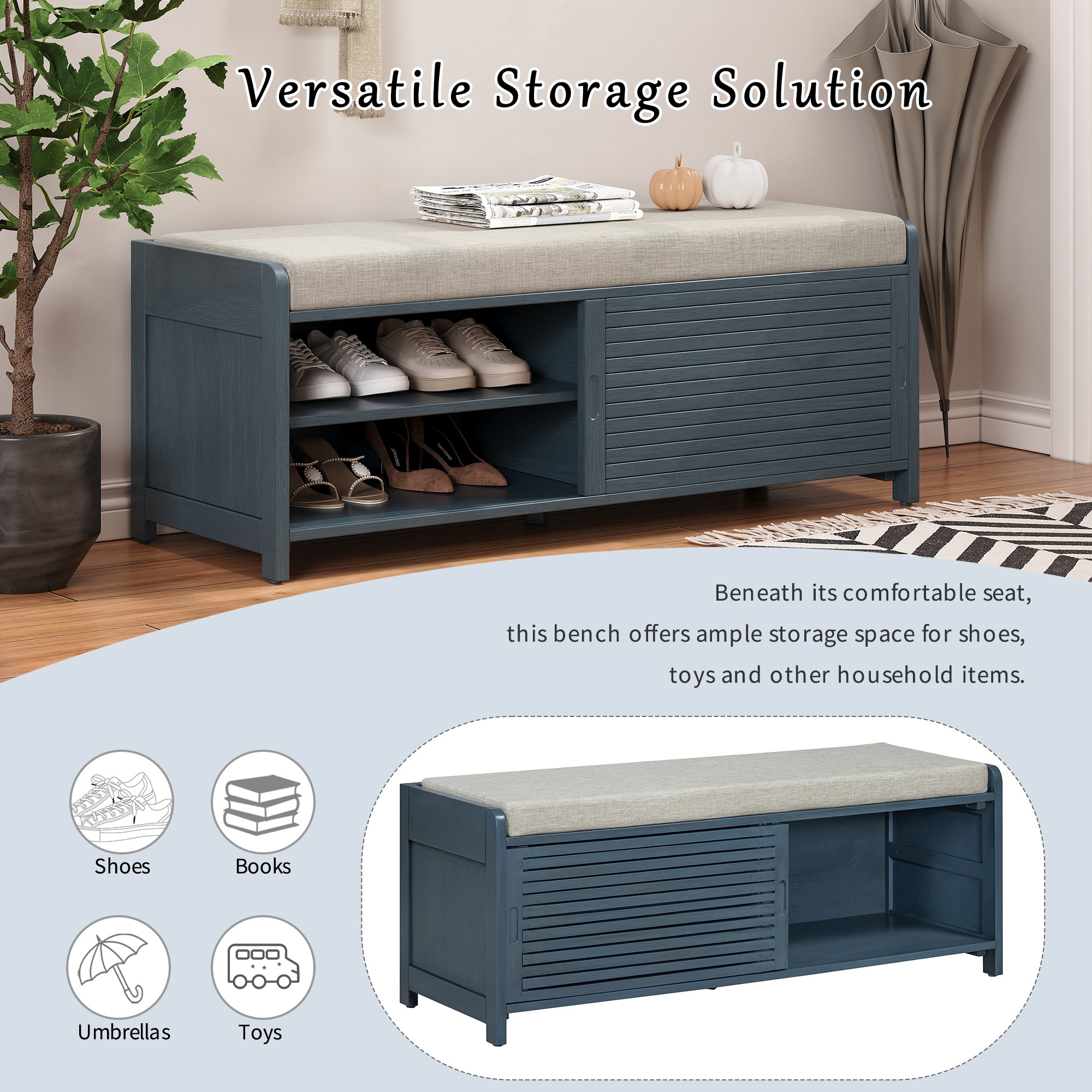 Aukfa Shoe Storage Bench with Cushion, Entryway Bench, 2 Tier Shoe Rack Organizer for Entryway Living Room Bedroom, Navy