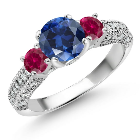 Gem Stone King 925 Sterling Silver Blue Created Sapphire Red Created Ruby and White Moissanite Engagement Ring for Women (2.18 Cttw, Gemstone September Birthstone, Round 7MM and 4MM, Size 9)