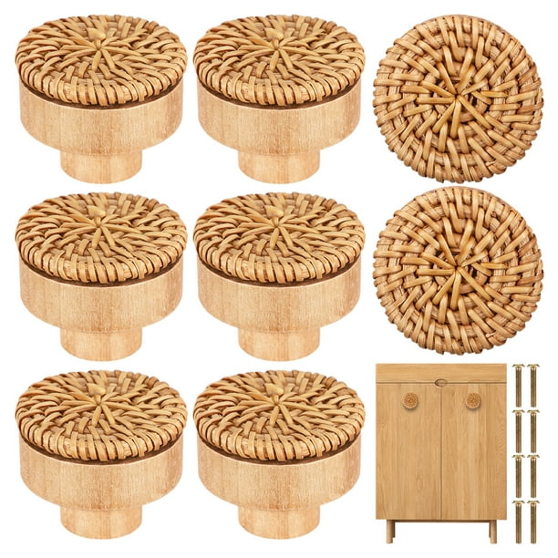 tiradores de cajón de ratán, redondos y de madera tejida, estilo bohemio, para puertas de armarios, muebles de madera y cajones con tornillos