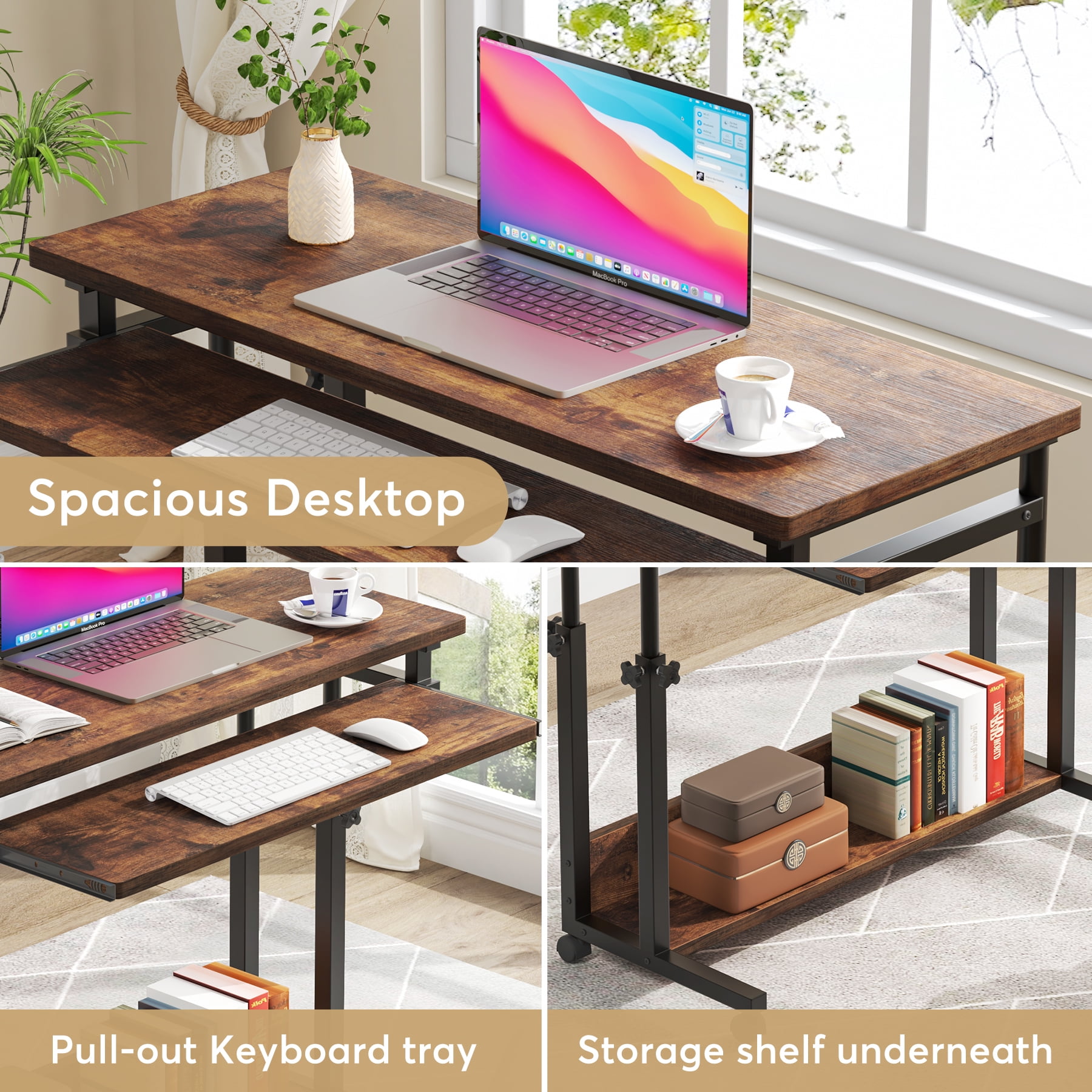 Fnova Height-Adjustable Desk with Wheels, Rolling Computer Cart with Keyboard Tray, Portable Laptop Small Standing Desk for Sofa, Bed, Home Office