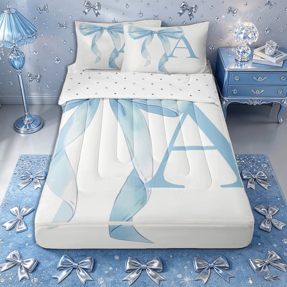 Homewish Blue Bowknot Zipper Twin Comforter Sets with Fitted Sheet and 2 Pillowcases for Girls, Monogrammed A Zipper Bedding Set,4-Piece, Reversible