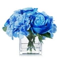 thumbnail image 3 of Enova Home Mixed Artificial Silk Rose and Hydrangea Flowers in Clear Cube Glass Vase with Faux Water (Blue), 3 of 4
