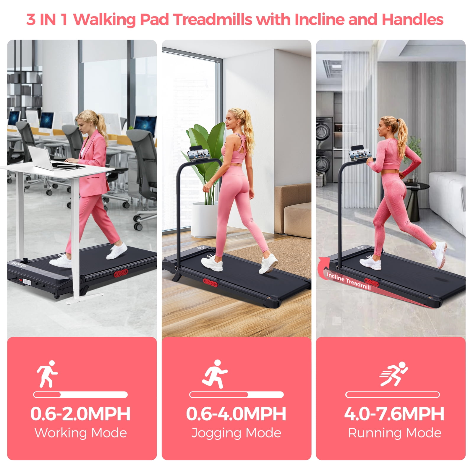HevGlrm Walking Pad Treadmill with Incline for Home,3.0HP Portbale Under Desk Treadmills with Handles,350 lbs Capacity Compact Running Treadmill for Small Space,0.6-7.6 MPH