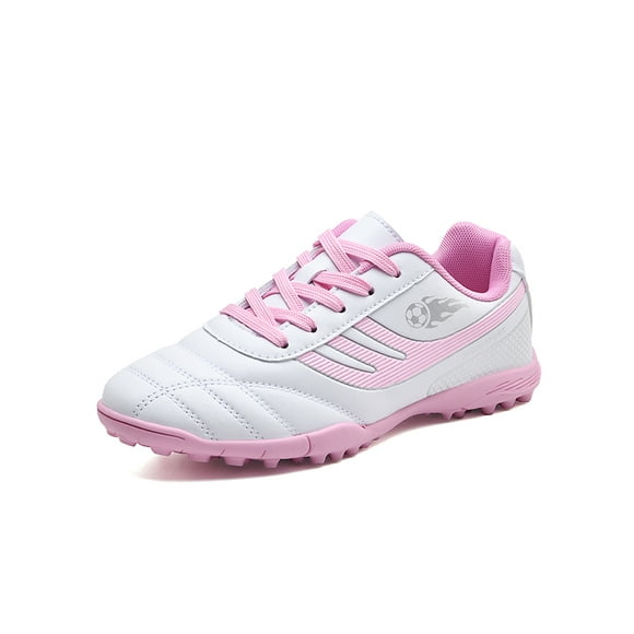 Woobling Kids Athletic Shoe Round Toe Sport Sneakers Comfort Soccer Cleats Lightweight Football Sneaker Outdoor Non Slip Lace Up Pink Broken 7Y