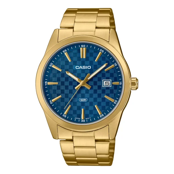 Reloj Hombre Casio Mtp-vd03g-2a Correa Acero Baño Iones Oro Correa Dorado Bisel Dorado Fondo Azul