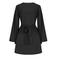 thumbnail image 6 of Women's Solid Color Satin Dress Bell-Sleeve Long Sleeve Casual Crew Neck Ruched Tie Waist Party Mini Dress, 6 of 7