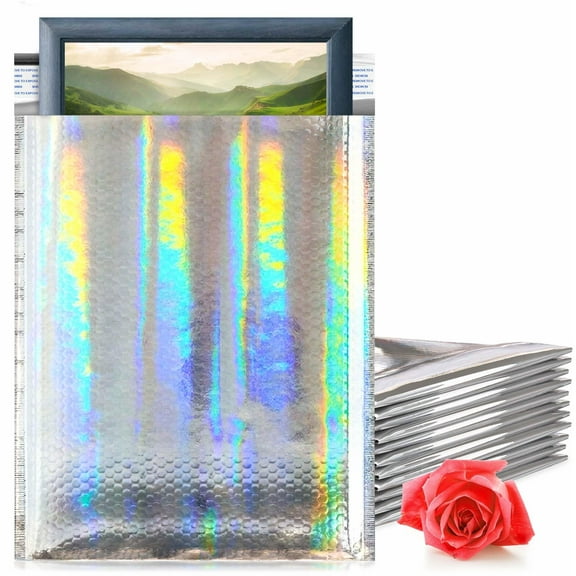 Holographic Metallic Bubble Mailers, Self Seal Foil Envelopes, 200 Count, 10.5 x 15 in