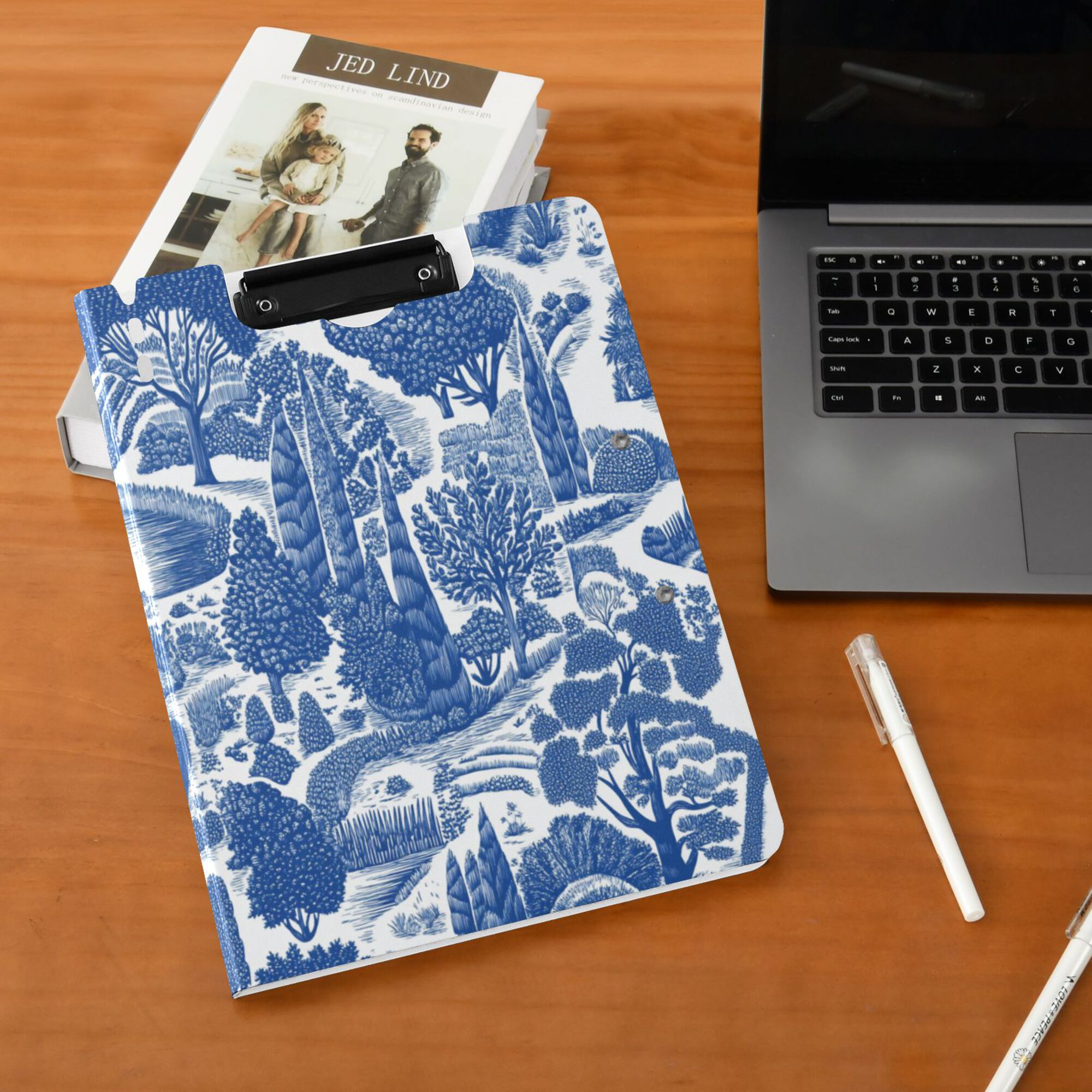 FORMRS A4 Clipboard Folder with Pen Holder Horizontal Foldable School Office Binder, Blue Garden Pattern