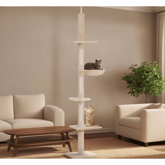 Zephypaws Floor to Ceiling Cat Tree,5 Tier Cat Tower Adjustable Height (90-103 in), Tall Climbing Tree with Perches,Hammock,Scratching Post,Solid Structure and Neutral Color Fit Home Decor,Beige