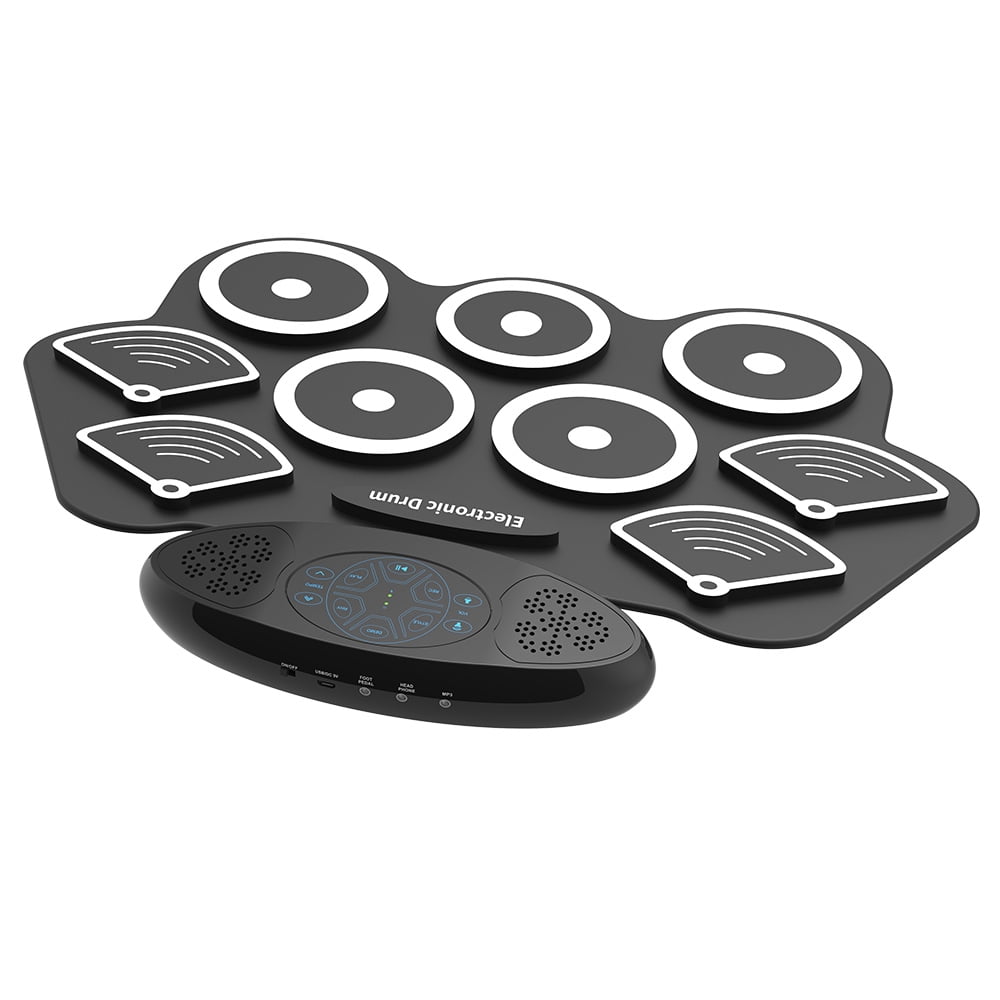 Portable Electronic Drum Set - 9 Pads Roll Up Silicone Practice Drum with Built-in 2 Stereo Speakers, Rechargeable Multifunction Tabletop Drum with Recording Function, Audio Input & MIDI Output