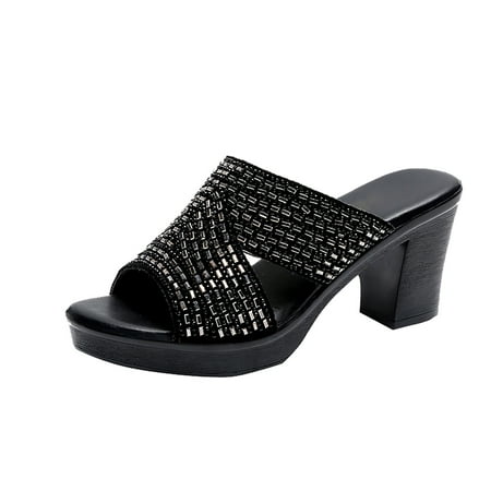 

Women s New 2023 Rhinestones Sandals Fashion Fish Mouth Chunky Heel for Women Block 1.97 Inches Slip-On Dressy Sandal