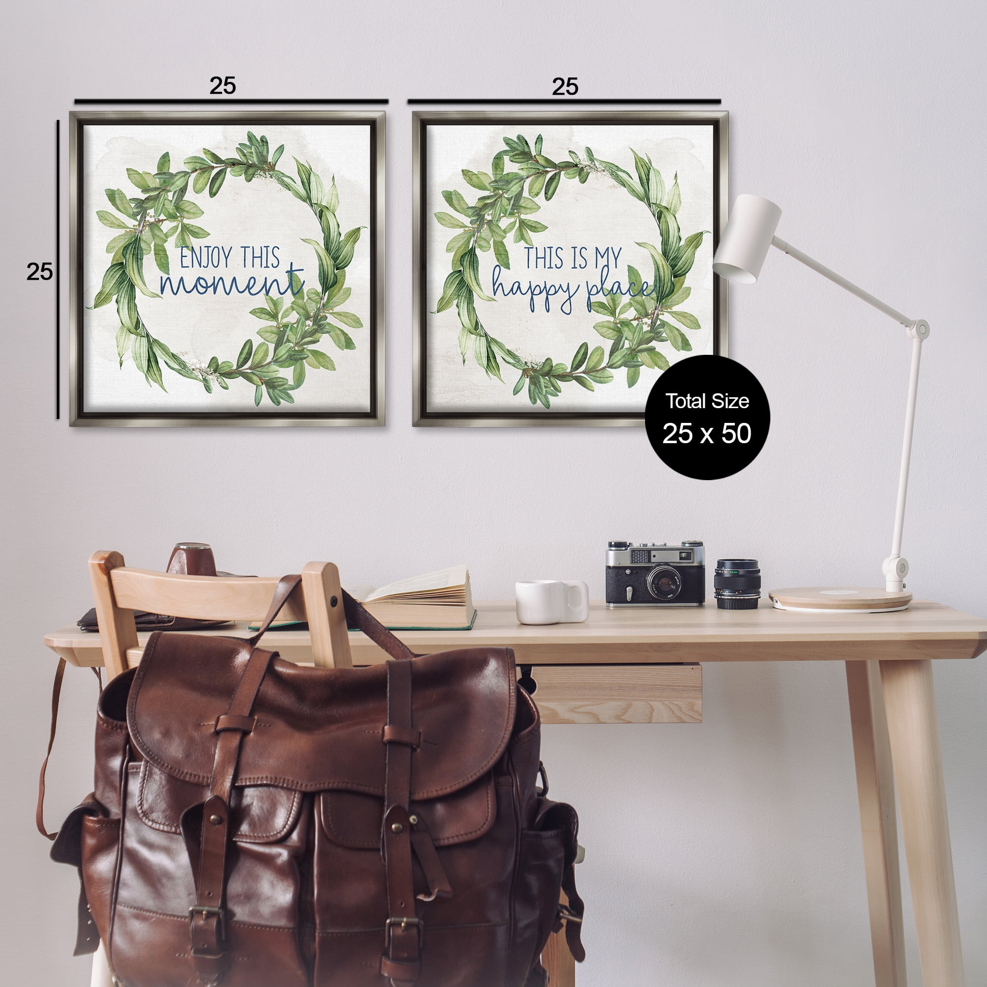 Stupell Industries Enjoy Happy Greenery Wreath Text & Numbers Painting Gray Floater Framed Canvas Art Print Wall Art, 25 x 25, Set of 2