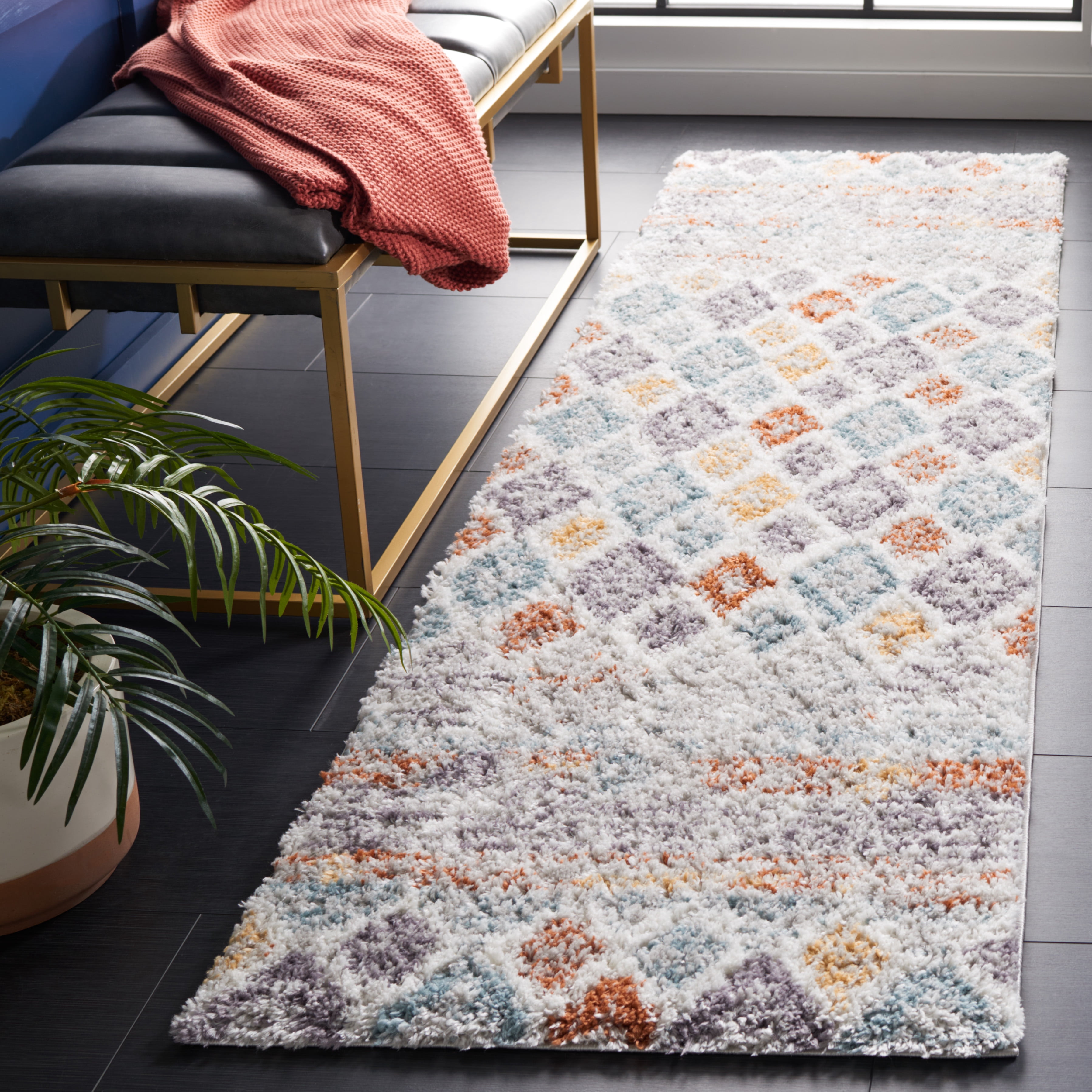 SAFAVIEH Berber Shag Maurice Abstract Runner Rug, Blue Rust/Ivory, 2'3" x 10'