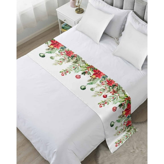 Red Green Christmas Bed Runner for Twin Size Bed, Xmas Balls Botanical Poinsettia Bedspread Protector Slipcover Bed Scarf for Foot Bed Runners & Scarves for Bedroom Hotel Wedding Room 71x20 Inches