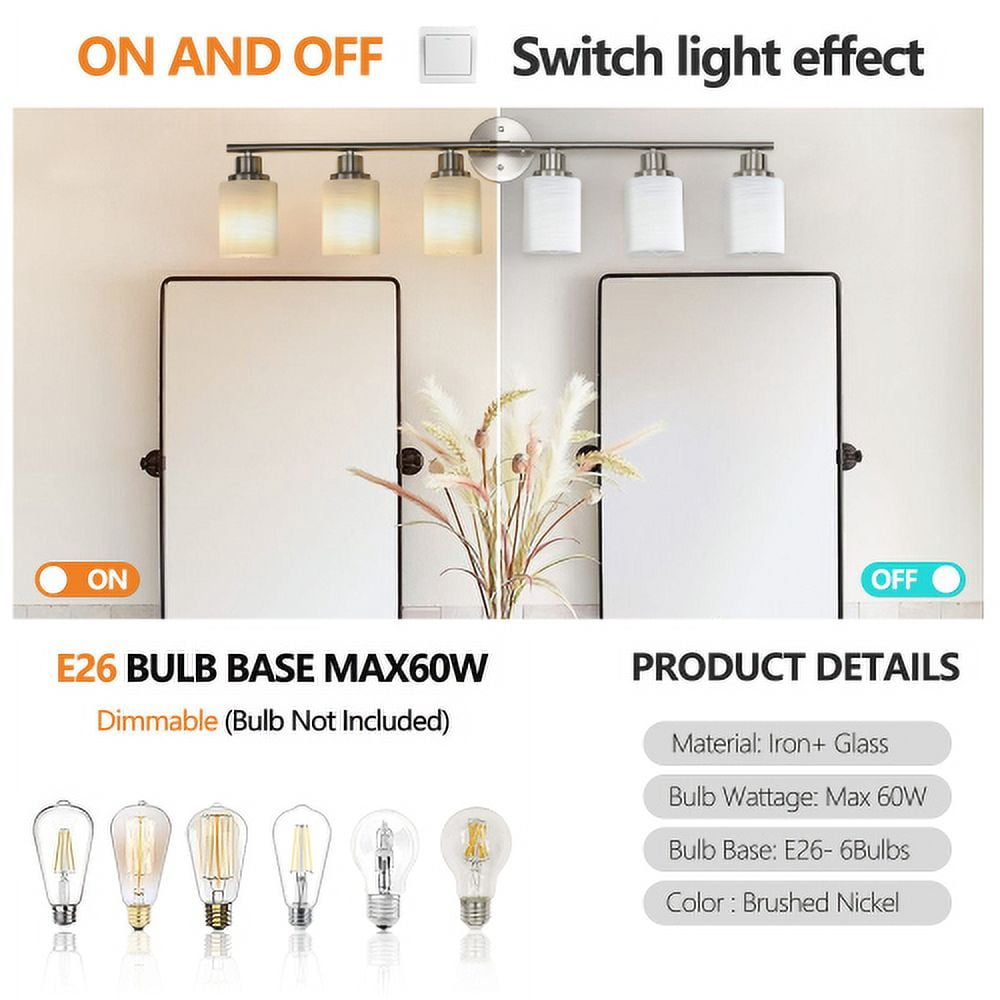 ACE-LIGHTS,Modern 6-Lights Vanity Bathroom Mirror Light with Frosted White Glass(Bulbs Not Included),Contemporary Wall Sconce for Bathroom,Dressing Room,Bedroom,Living Room(Brushed Nickel)