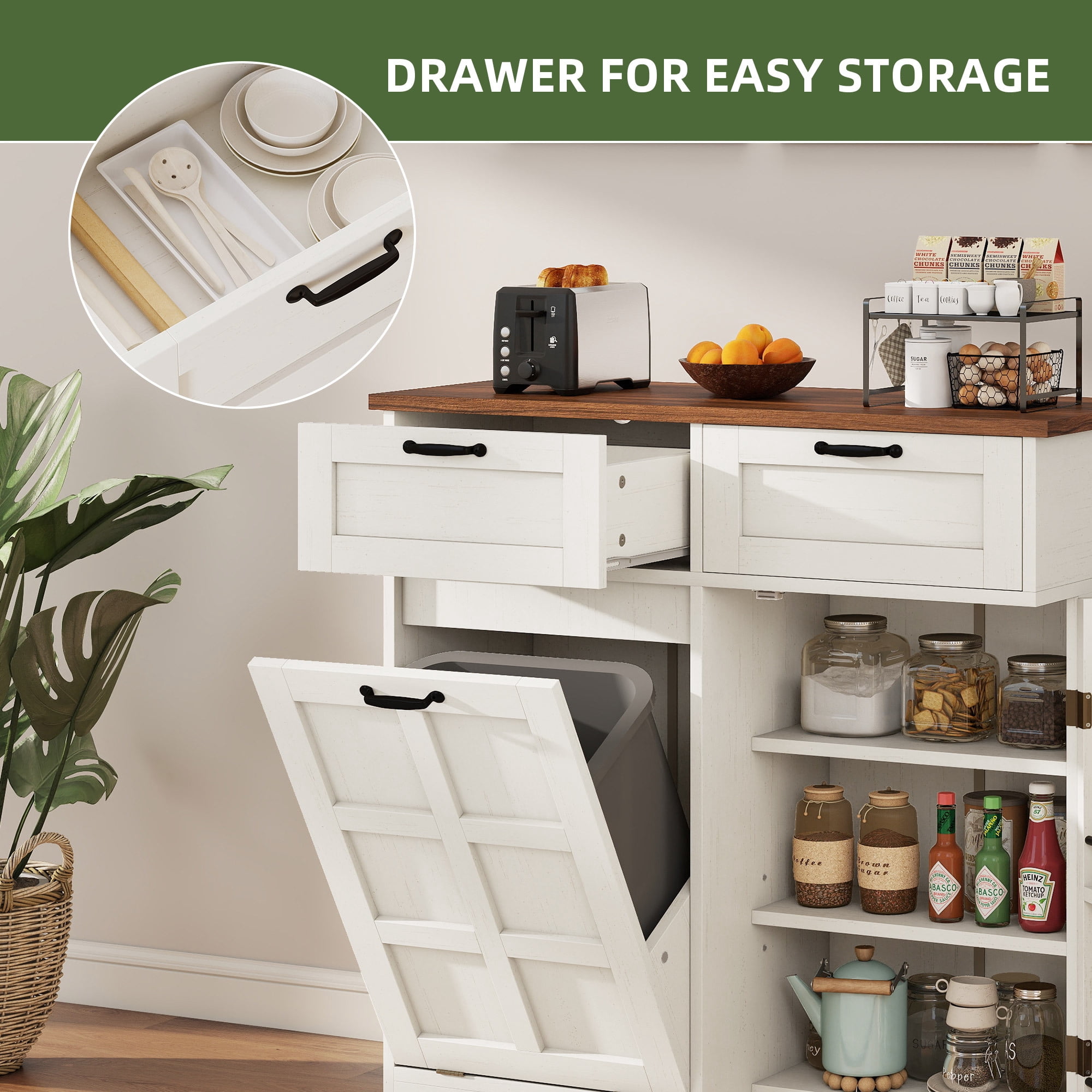 Uforic Kitchen Storage Buffet Cabinet for 10-gal Trash Bin, Tilt Out Trash Cabinet with Drawers & Shelves, White