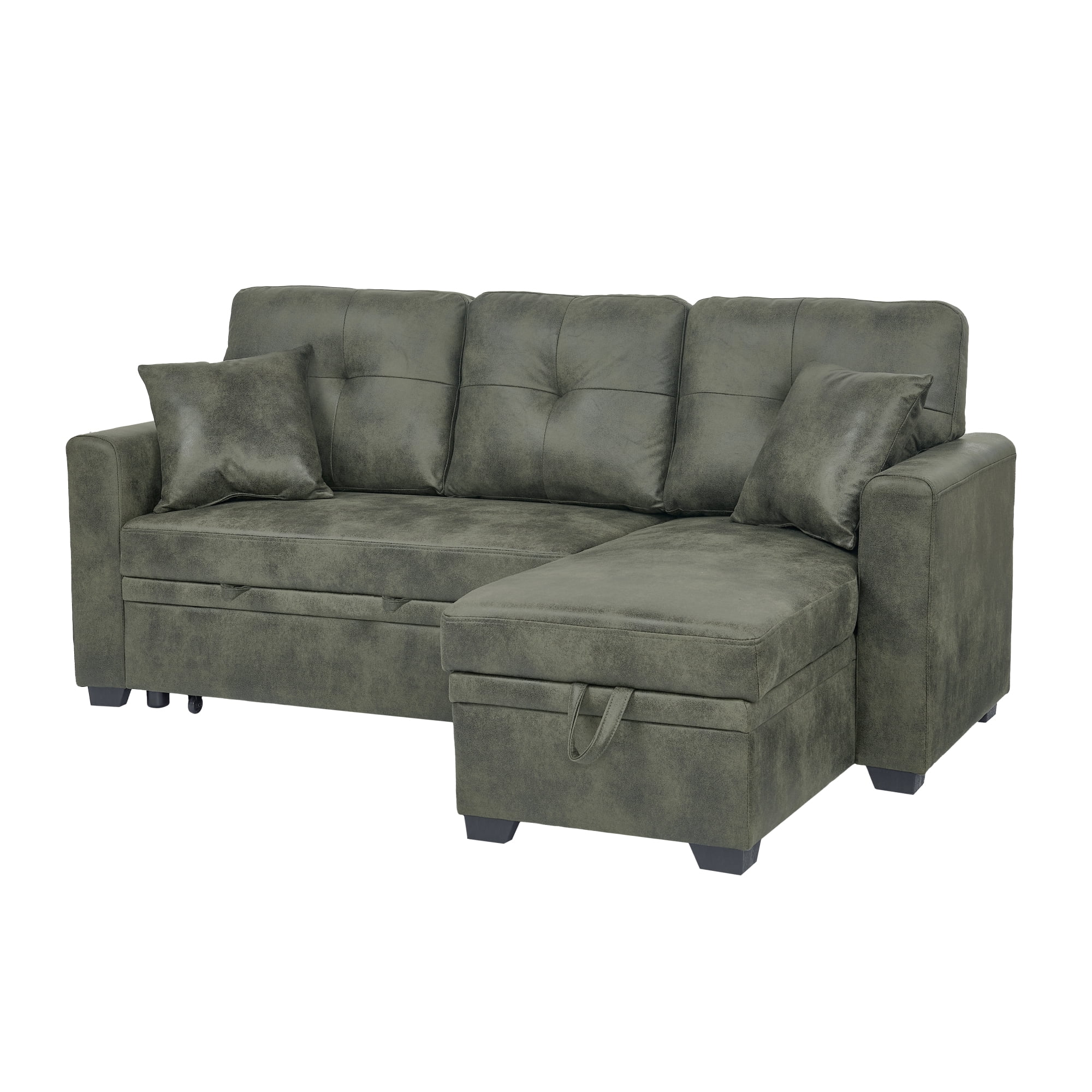 Leumius L Shaped Sectional Sofa with Pull Out Bed and Storage Chaise, 3 Seater Sectional Couch Convertible Sofa Bed for Small Space, Apartment & Guest Room, Olive Green