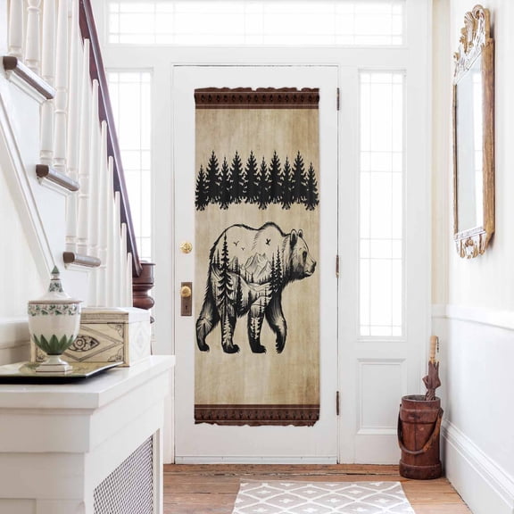 Brown Black Bear Door Curtains for Door Window, French Sidelight Front Back Door Curtains With Tieback, Farmhouse Cabin Forest Vintage Kitchen Rod Pocket Drapes Panel, 25"x72"