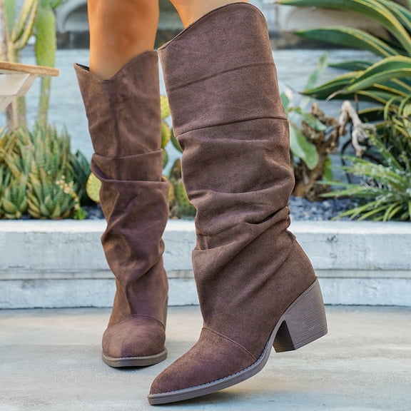 Crunowin Women's Wrinkled Nubuck Boots Mid-Calf Thick Sole Fall Winter Comfortable Shoes Brown Size 6