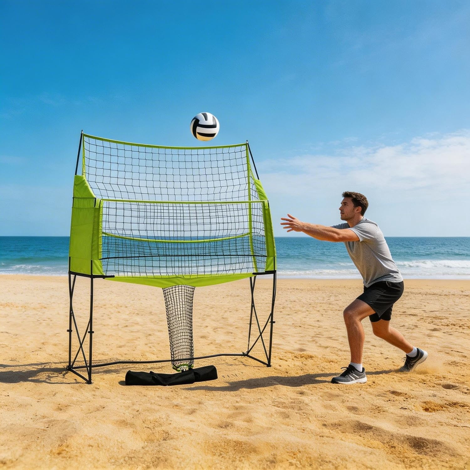 Portable Volleyball Practice Net System, Adjustable 8ft/7ft 3in/6ft 6in Heights, Steel Frame with Carry Bag, Green, Indoor & Outdoor