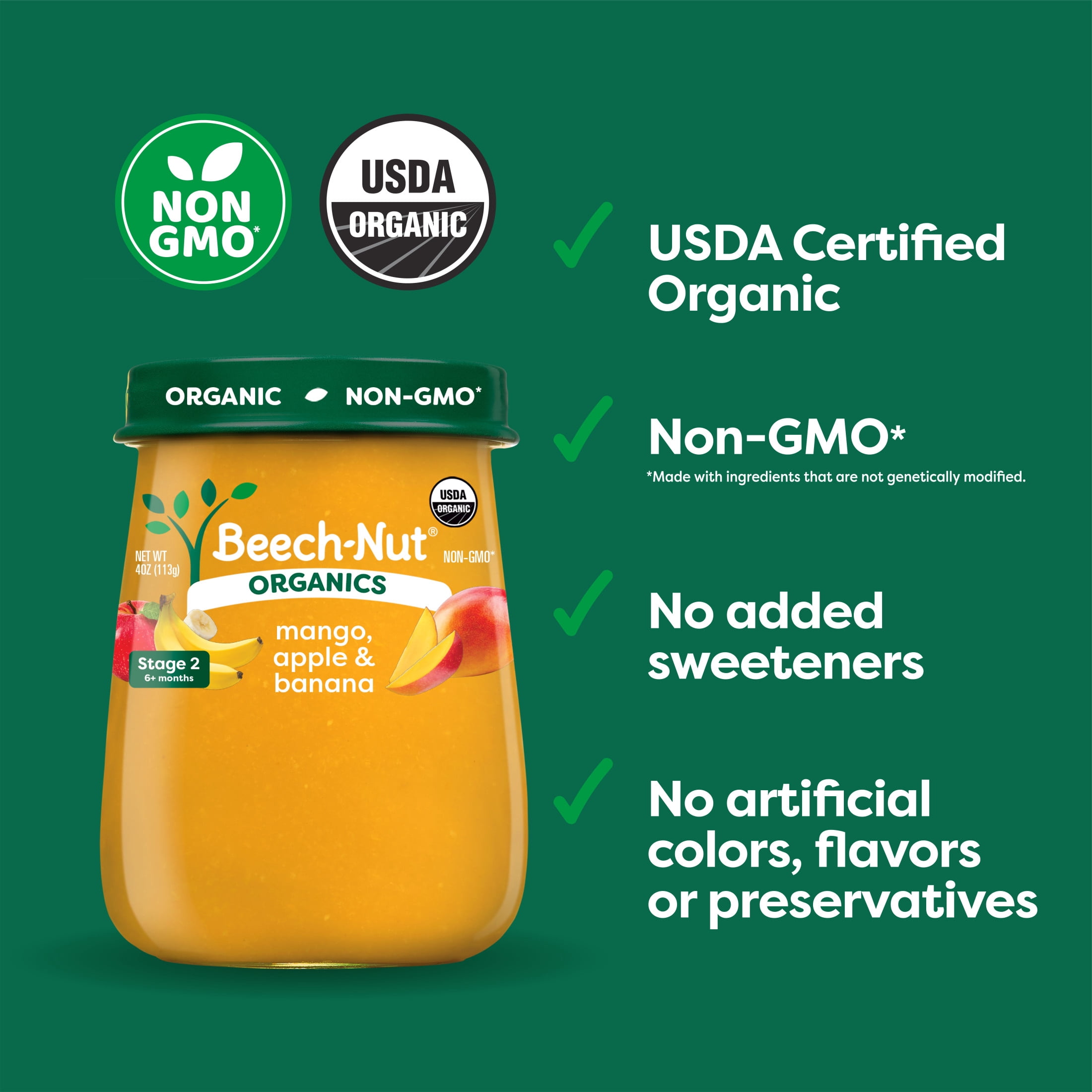 (10 pack) Beech-Nut Organics Stage 2 Organic Mango Apple & Banana Baby Food, 4 oz Jar