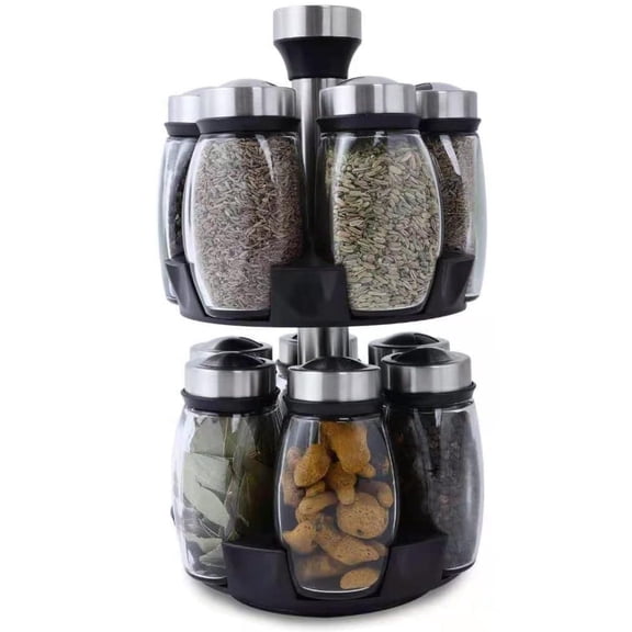 Revolving Spice Rack Organizer Storage for kitchen, Spice Stand Holder, Spinning Countertop Herb and Spice Rack Organizer with 12 Glass Jar Bottles Set
