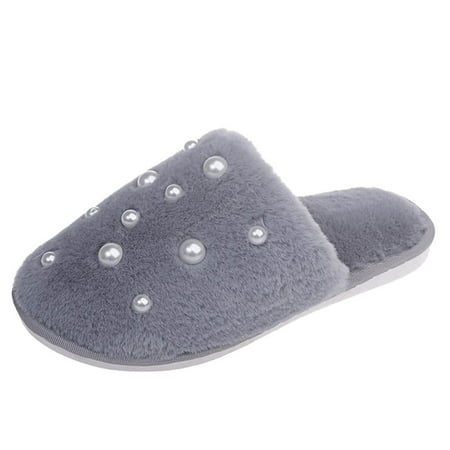 

Dainzusyful Slippers Accessories Women s Fashion Pearl Cotton Slippers Flat-bottomed Home Warming Furry Slippers Slippers For Women Grey