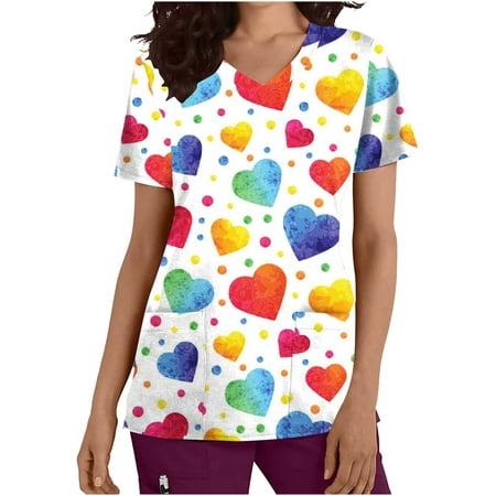 

YWDJ Valentine s Day Scrub Tops for Women Trendy Y2k Hearts Print with V Neck Short Sleeve Multicolor L