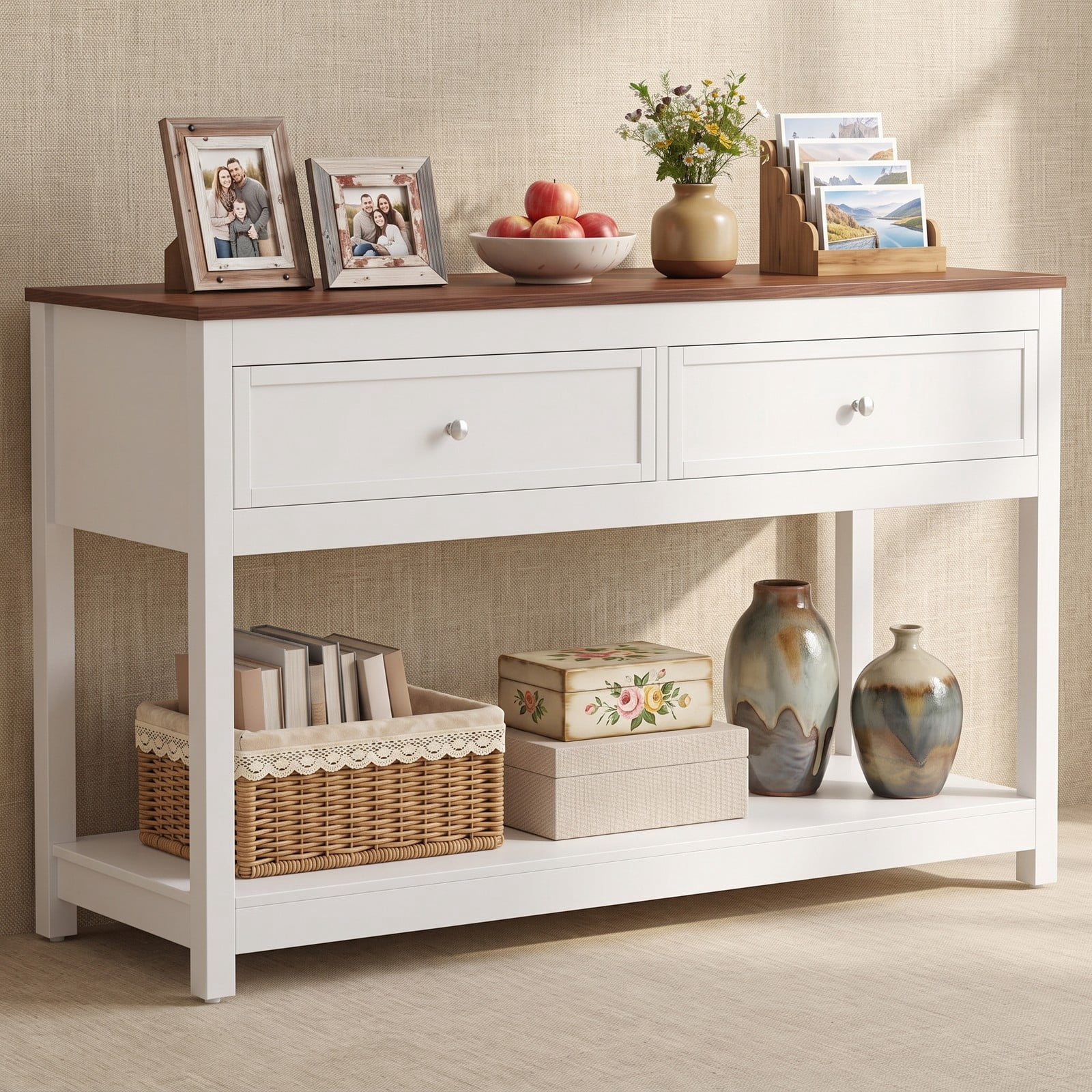 Furnibear Farmhouse Console Table with 2 Drawers and Open Storage Shelf and Two-Tone Wood Top for Entryway and Hallway, White