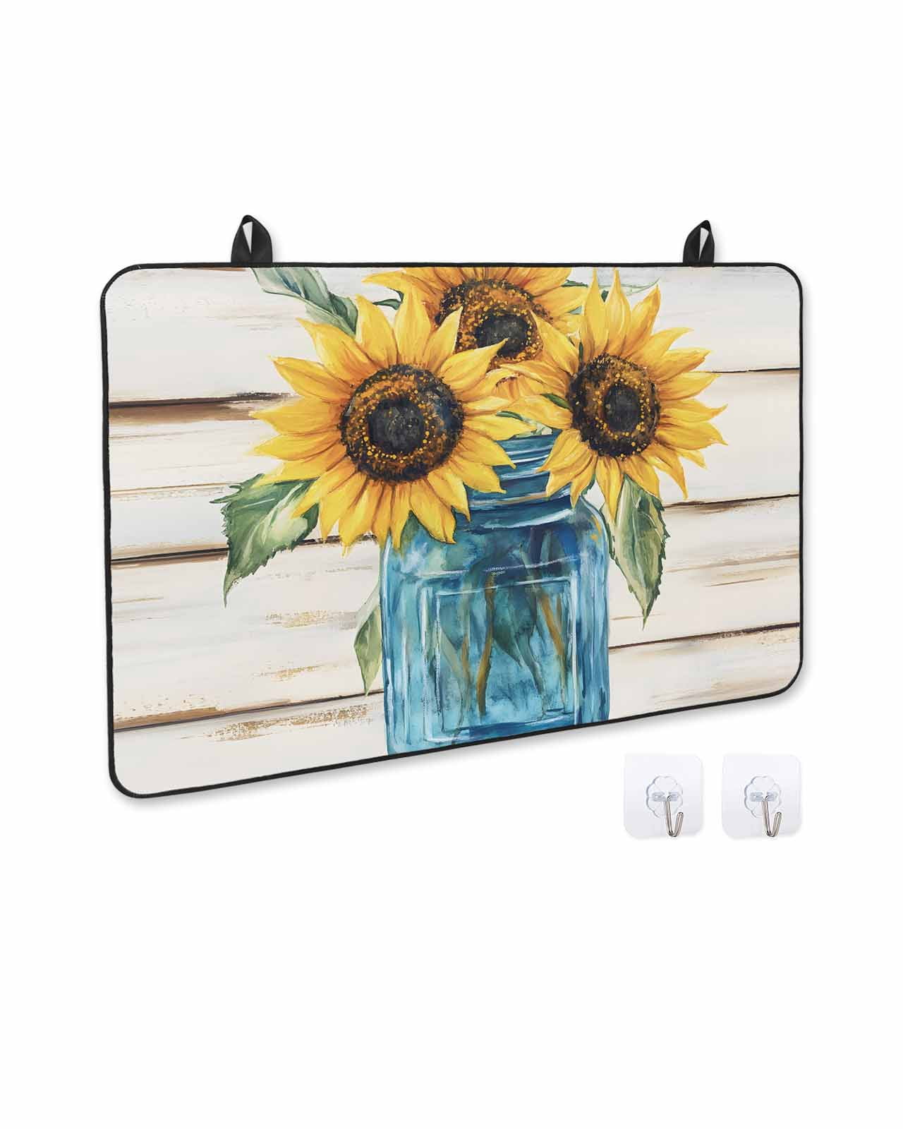 nqOlkjepod Large Induction Cooktop Protector Mat 24"x21", Sunflower Stove Top Covers for Electric Stove, Blue Bottle Yellow Floral Country Woodgrain Stove Burner Cover Mats, Glass Top Stove Cover