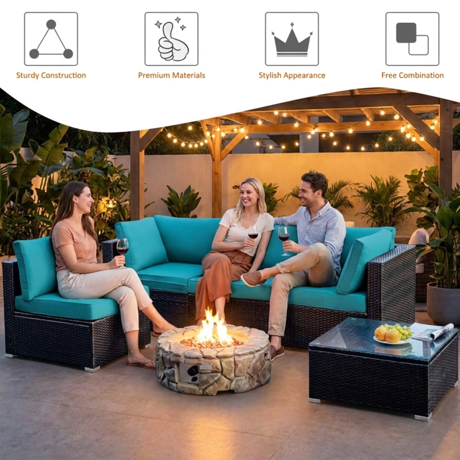 Furnibear 5 Piece Cushioned Patio Rattan Furniture Set with Glass Table, Outdoor Wicker Conversation Set with 4 Chairs for Garden Backyard, White