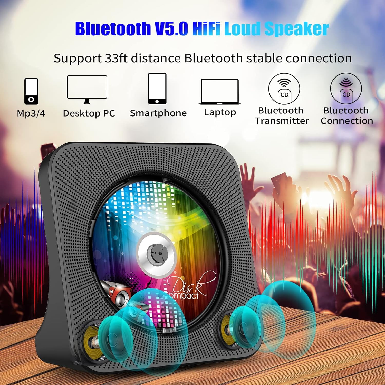 Qoosea CD Player Portable, Bluetooth CD Players for Home Desktop with HiFi Sound Speaker, FM Radio CD Music Player for Home with Remote Control Black