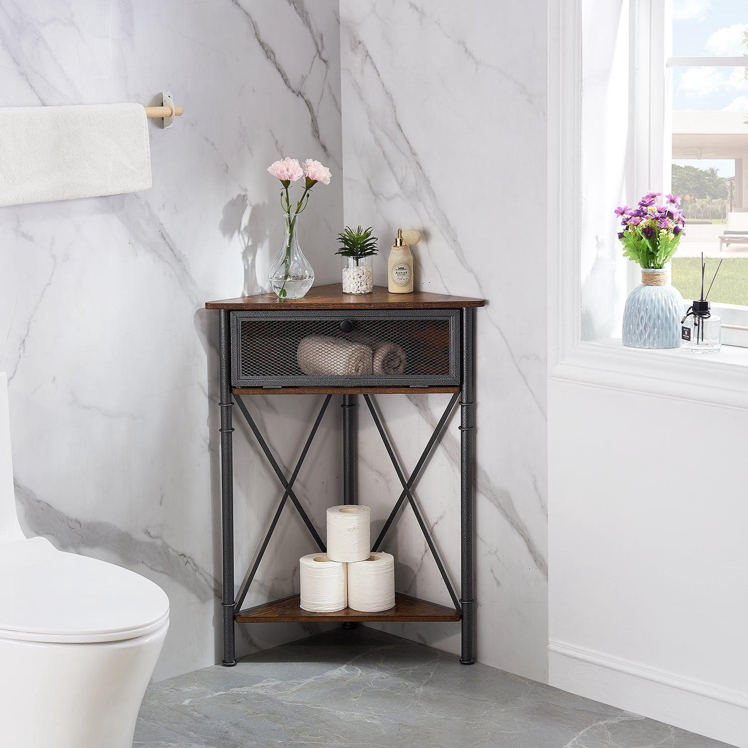 VECELO Corner Storage Cabinet with Flip Drawer and Shelf, Triangle X-Shaped Freestanding Floor Cabinet,  Brown