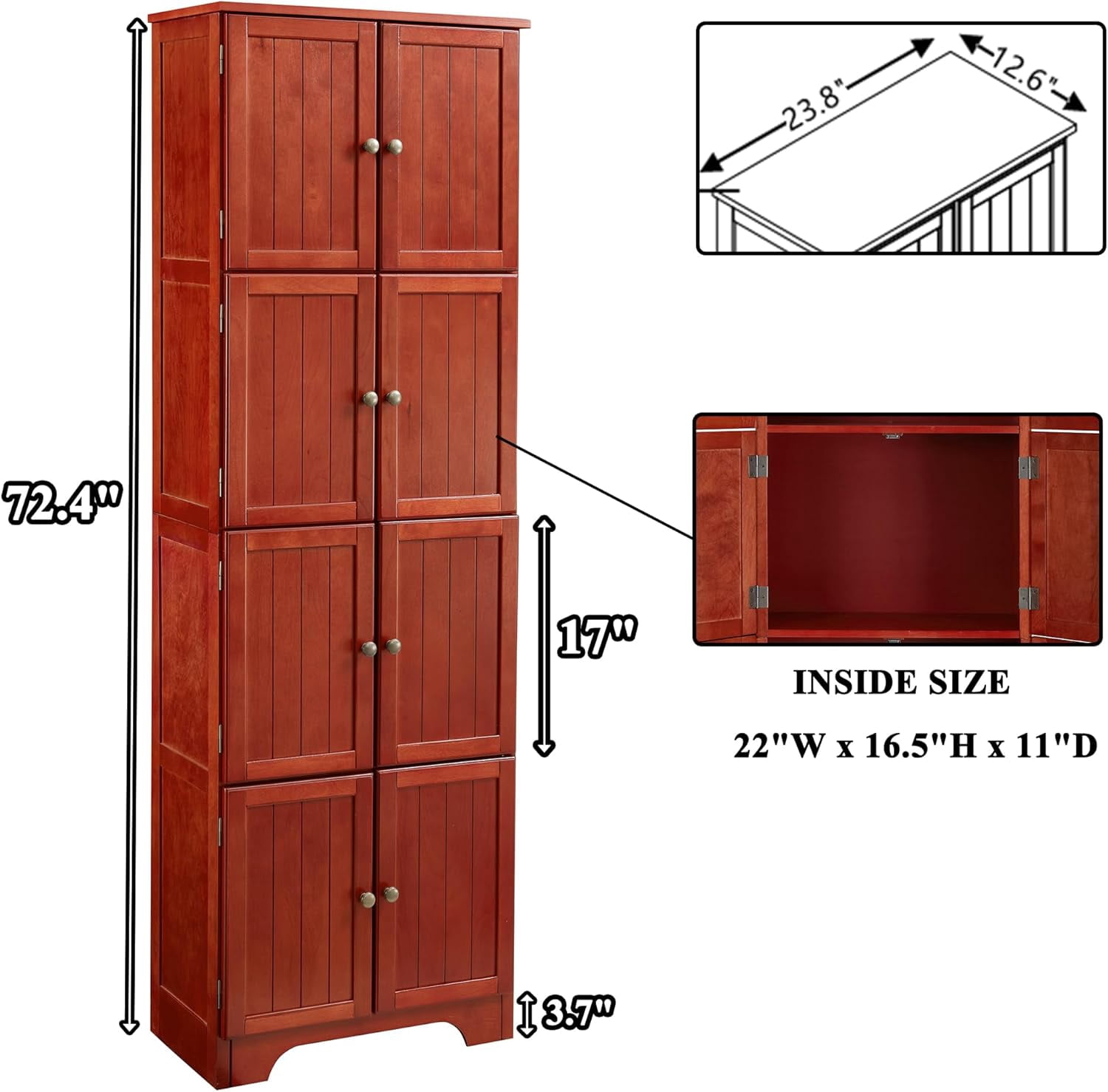 72" Tall Farmhouse Storage Cabinet, 4 Tier Kitchen Pantry Cabinet with 4 Shelves & 8 Doors, Freestanding Floor Storage Cabinet Wooden Organizer Bookcase for Living Room, Kitchen (Cherry)