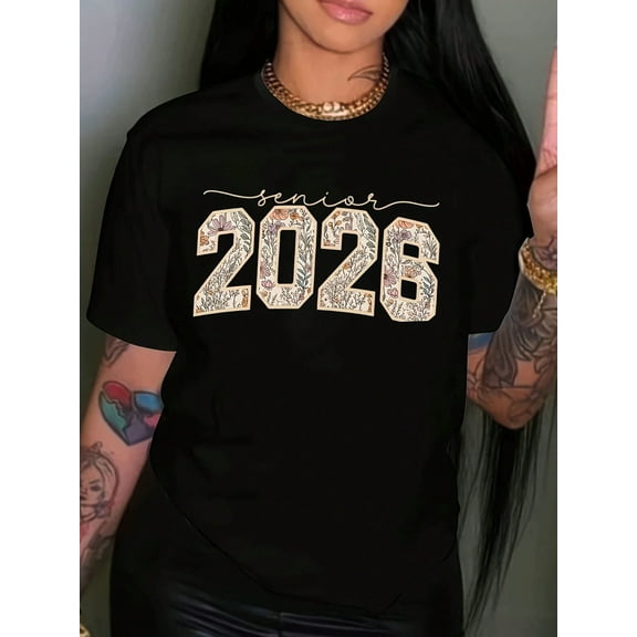 Senior Mom 2026 Graduation, Cheer Proud Senior Mama Class Of 2026 T-Shirt Print T-Shirt Casual Crew Neck Short Sleeve Comfort Tee Top For Summer & Fall & Summer Women's Clothing