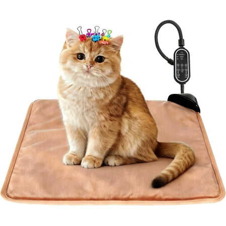 & Heating Pad - 3 Timer and 3 Level Temperature Sensor Electric Pet Heating Pad with Resistant Cord, Indoor Outdoor Warm Heated Bed for Dogs Cats - 17.7x17.7