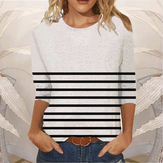 Meichang Chemises à Manches 3/4 pour Femmes Hauts à Rayures Color Block Col Rond T-Shirts Décontractés Chemises Coupe Ample Blouses de Travail Confortables Pull Mode 2024