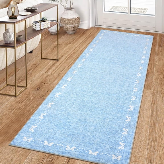 2x6 Runner Rug Washable Non Slip Low Pile Hallway Runner Stain Resistant Bowknot Blue