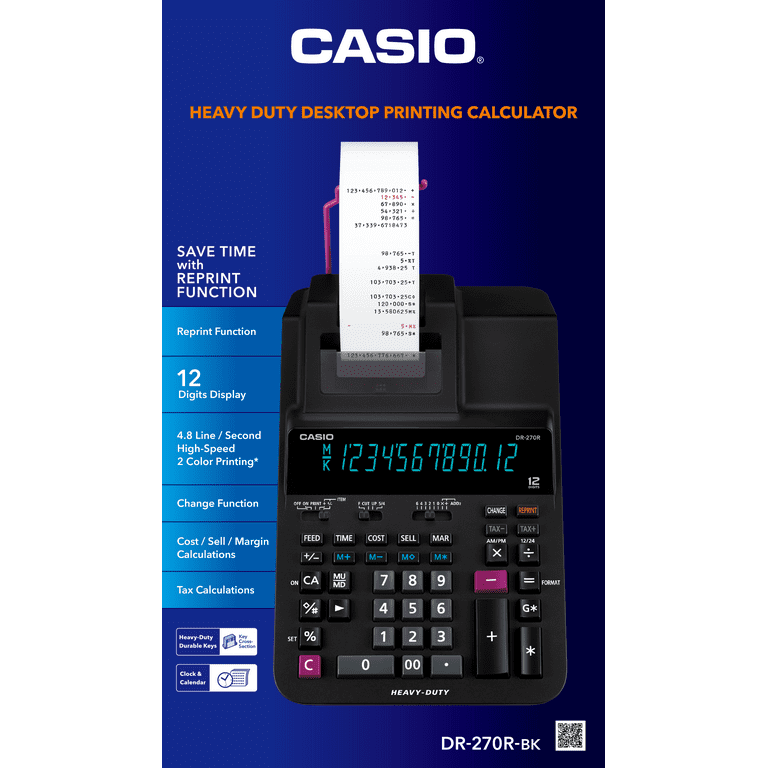 Profit Demokrati fungere Casio DR-270R-BK Printing Calculator, 2 Color Print, Clock/Calendar, Black  - Walmart.com