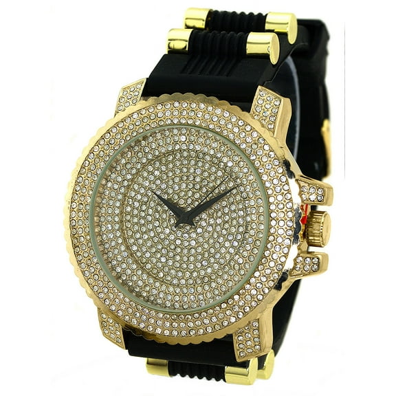Men's Big heavy gold -tone ice-out clubbing watch 55mm 15mm thick case. CZ bezel and dial, 23mm wide black sport strap with gold bullets fits 7.5-10 inches wrist.
