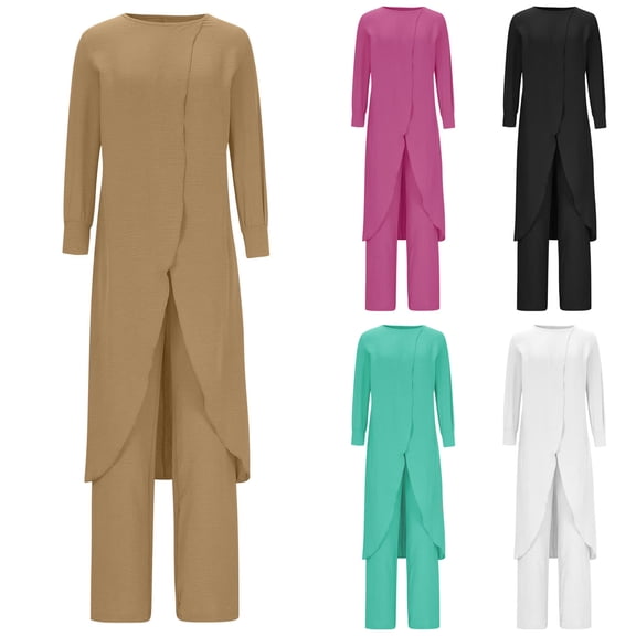 YHAJDS Two Piece Set for Women,Womens Fall Winter Outfit Set Solid Color Pullover Crew Neck Long Sleeve Top with Elastic Waist Pants Two Piece Comfortable Set