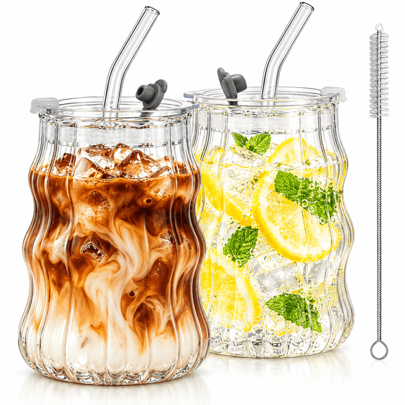 2 Pack 18 oz Ribbed Glass Tumblers with Lids and Straws, Clear Wavy Glasses for Iced Coffee, Juice and Cocktails