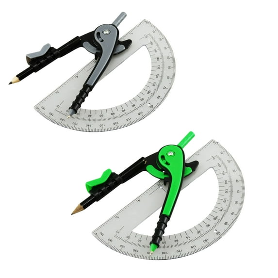 Compass and Protractor 2pc Set Green and Gray Compass with Pencil Plastic 180 Degree Math Protractor for Drawing Measuring School Office Drafting Woodworking Geometry Tools Pack of 2 with Oggetto