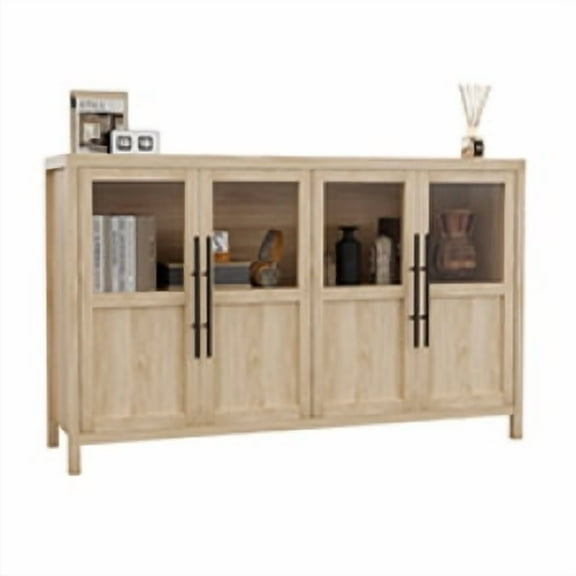 Sideboard Buffet Cabinet with Storage,55" Large Kitchen Storage Cabinet with 4 Glass Doors and Shelves,Farmhouse Storage Cabinet,Wood Coffee Bar Buffet Table for Kitchen Dining Room