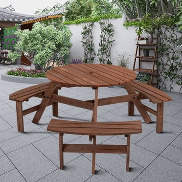 Outdoor Picnic Table for 6-Person, Wooden Circular Patio Table and ...