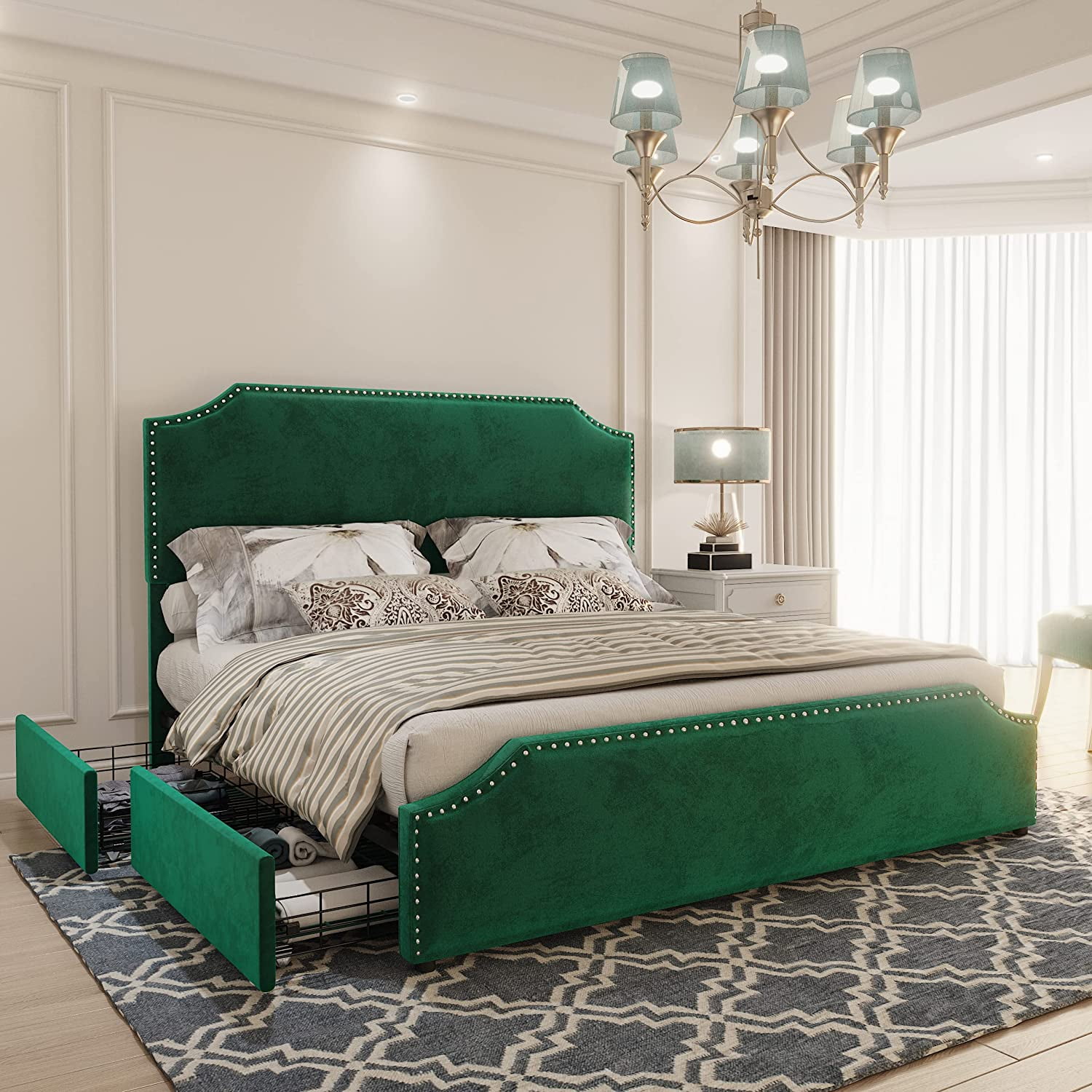 Amerlife Queen Size Bed Frame with 4 Storage Drawers and Headboard