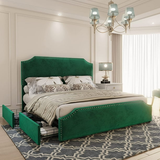 Amerlife Full Size Bed Frame with 4 Storage Drawers and Headboard, Full