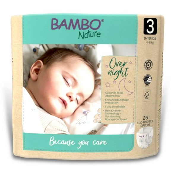 Bambo Nature Overnight Diapers, Eco-Friendly Disposable Baby Diapers - Size 3, 9-18 lbs, 26 Count, 4 Packs, 104 Total