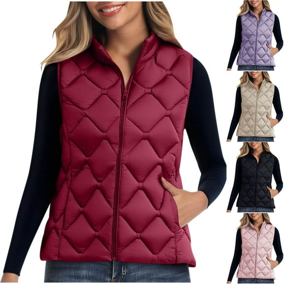 Nmnitkp Womens Puffer Vest Sleeveless Lightweight Winter Jackets Quilted Zip Up Coats Stand Collar Padded Outerwear Vests Red,2XL